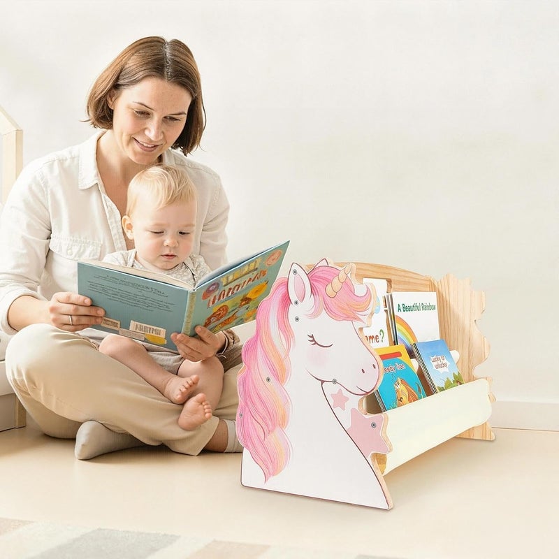 SheSeek Toddler Bookshelf Double-Sided with 4 Tier Deep Sleeves Kids Wooden Montessori Book Rack for Baby Nursery Room, Playroom, Classroom or Bedroom Bookcase Storage Organizer, Pink Unicorn - Image 5
